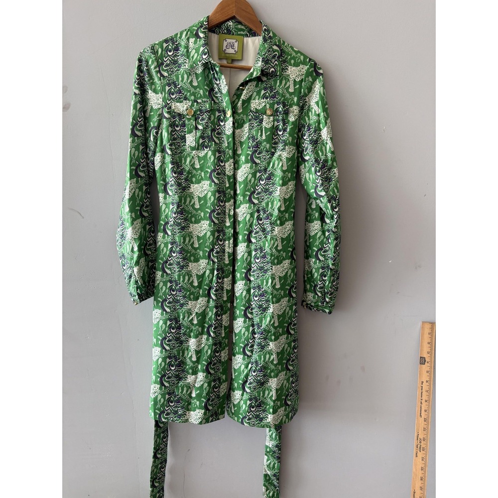 Elizabeth McKay Dress Womens 8 Green Animal Print Silk Belted Shirt Dress *